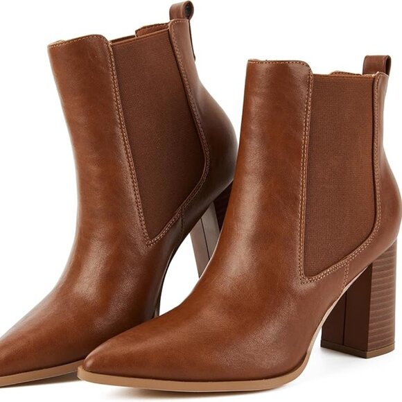 Women's US 8 Brown Pointed Toe Ankle Boots Elastic Gore Chelsea Boots Pull On He - Picture 1 of 12